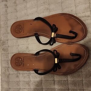 Tory Burch Black and Tan Bow Sandals